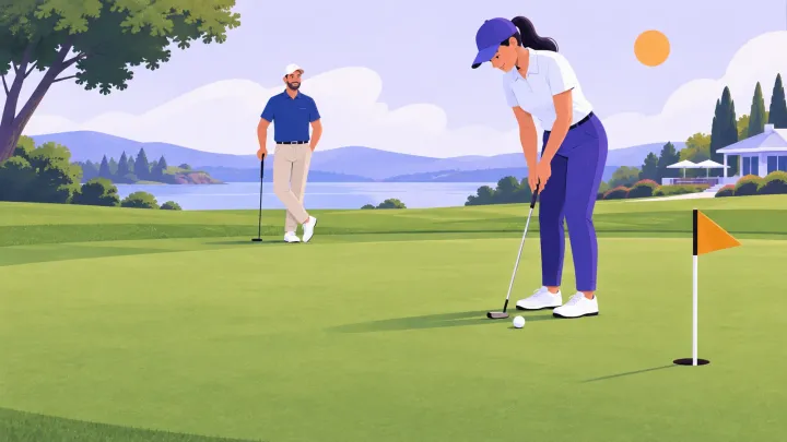 An adult lines up a short putt on a golf practice green.