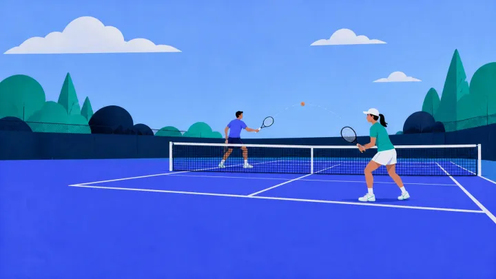 Two beginners rallying a slower tennis ball across a mini court near the service line