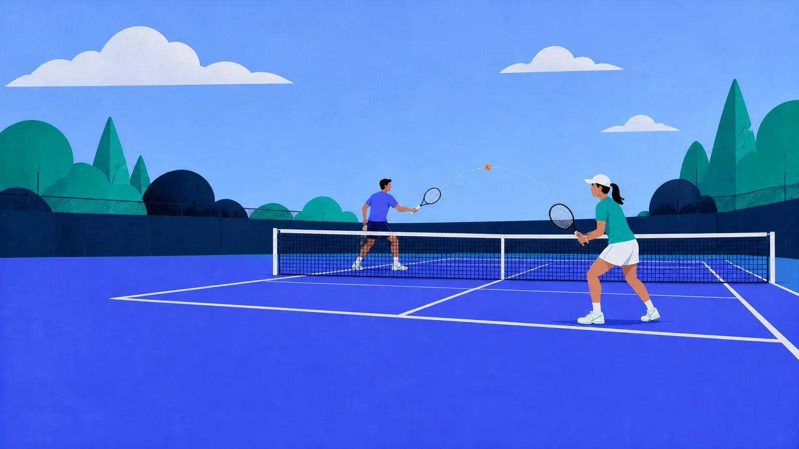Two beginners rallying a slower tennis ball across a mini court near the service line