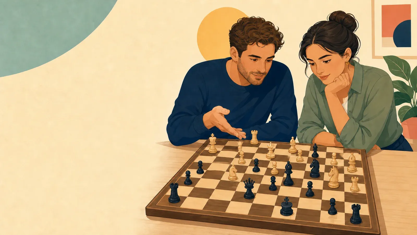 Two beginners reviewing a move together over a correctly arranged chessboard