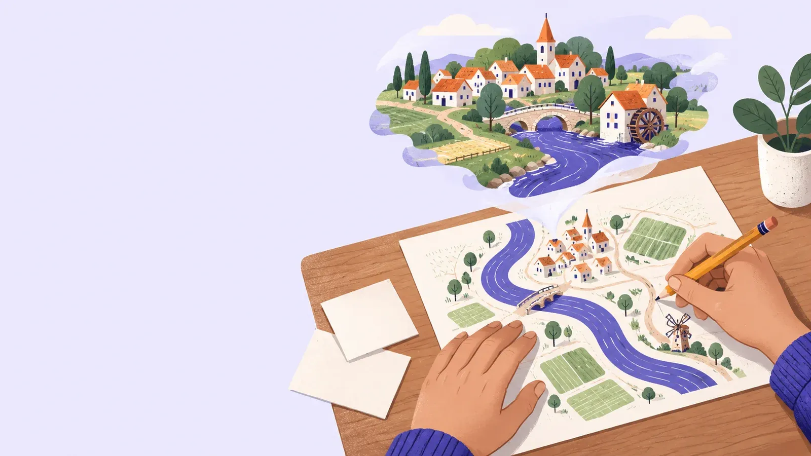 Hands sketch a village map beside blank cards, with an imagined village and river above the paper