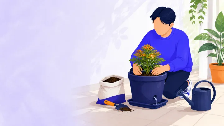 A beginner planting one healthy plant in a drained container on a sunny patio