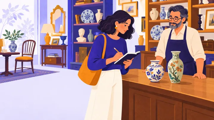 A visitor takes notes beside ceramic vases on an antique shop counter with a shopkeeper nearby