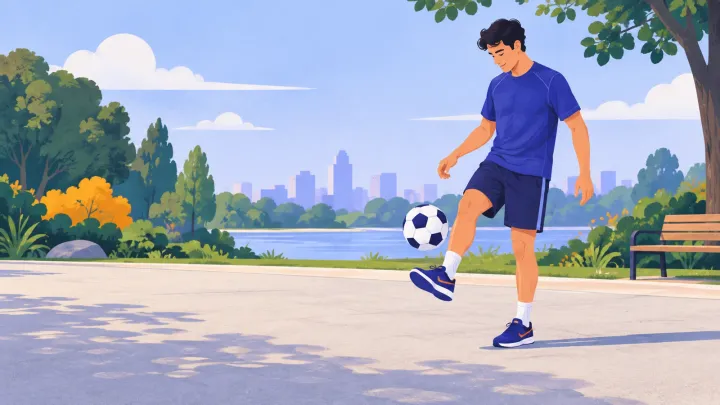 An adult in sports clothes and trainers practises a low football touch on a clear park surface.