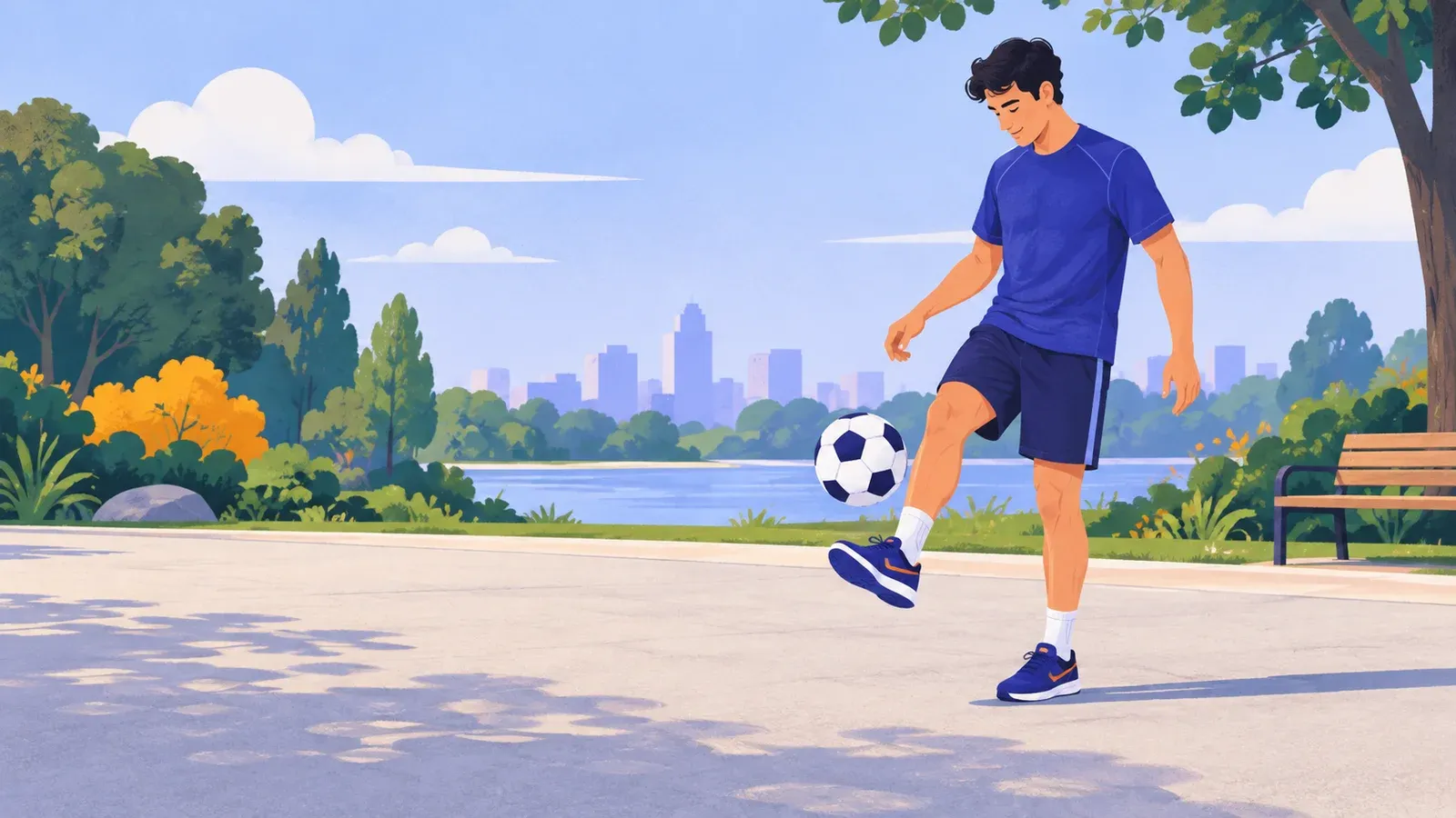 An adult in sports clothes and trainers practises a low football touch on a clear park surface.