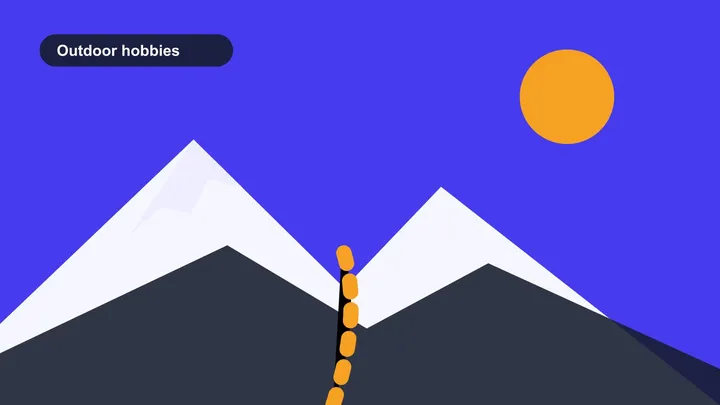 Ein abstrakter Bergpfad unter einer orangefarbenen Sonne in den Markenfarben